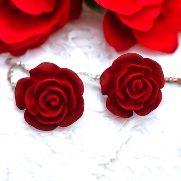 Small Red Rose Earrings Pierced Ear Stud Post Women's Jewelry Gift Romantic Love - Picture 5 of 6